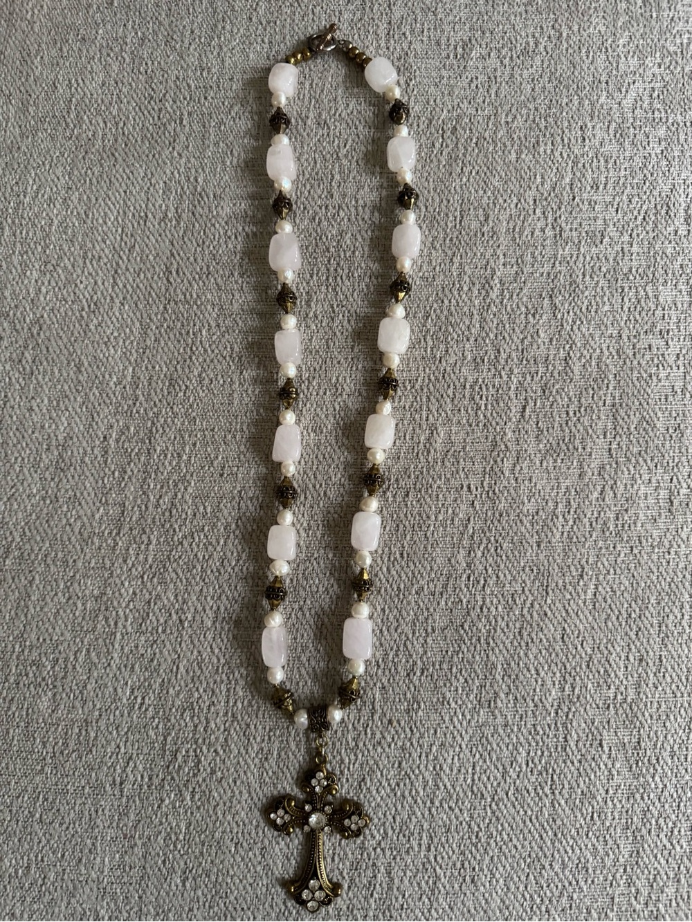 Vintage-Inspired White Bead Cross Necklace